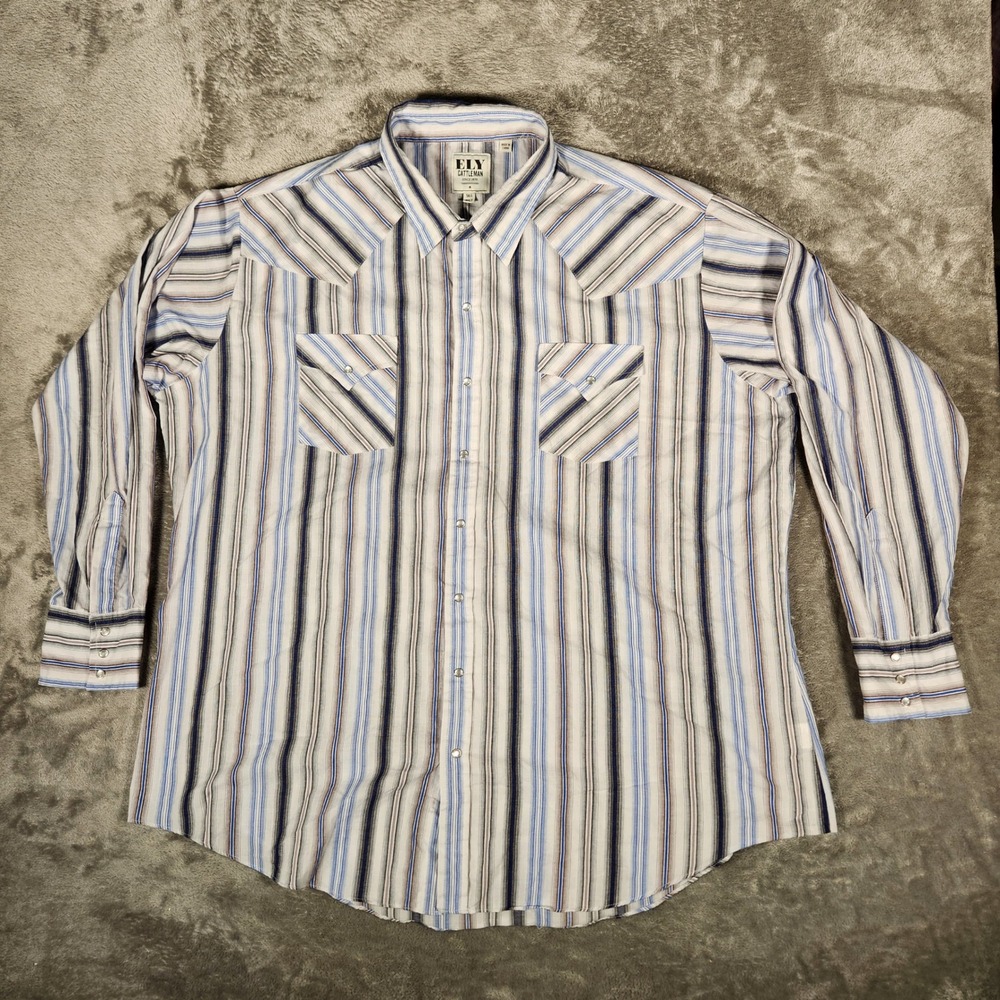 Ely Cattleman Western Pearl‎ Snap Shirt Mens 3XLT Blue Striped Long Sleeve
